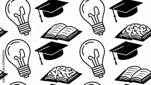 A seamless pattern of education symbols including light bulbs graduation caps and books
