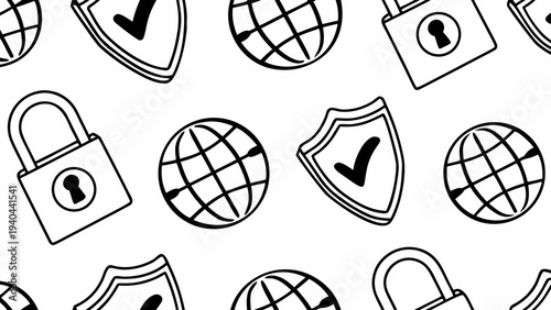 A repeating pattern featuring global internet network and digital data security icons including shields and padlocks.