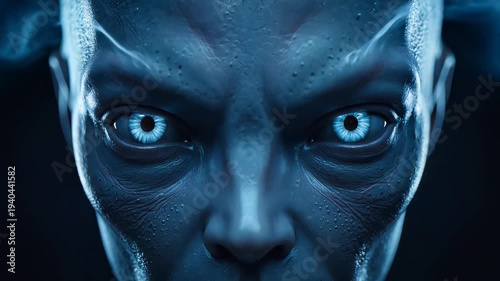 Bald man with blue skin and intense gaze staring forward dramatically
