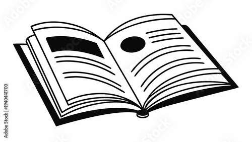 A simple line art illustration of an open book with blank pages for writing