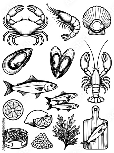 Seafood illustration crab shrimp scallop lobster mussels caviar lemon