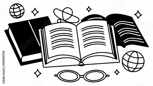 Simple black and white line drawing of books glasses and globes for study and knowledge concept