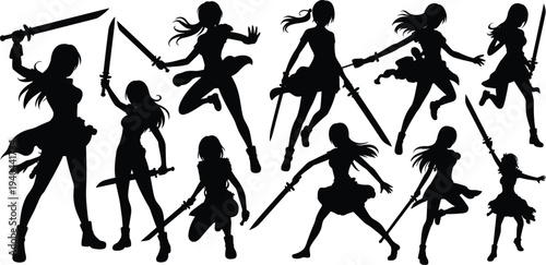 Female sword fighter silhouette set with anime warrior poses action heroine characters holding swords for fantasy game combat design