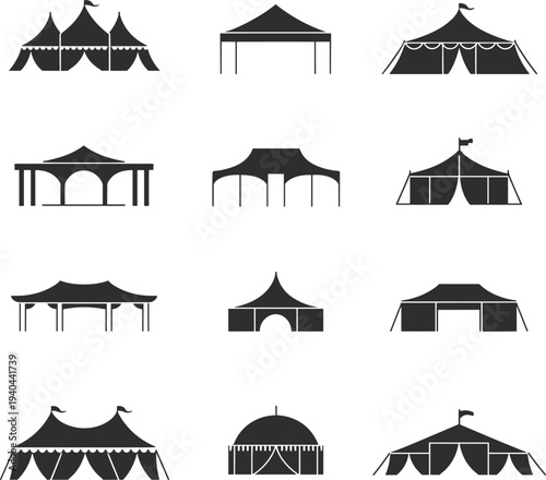 Event tent and pavilion icon set with festival marquee canopy camping tent and outdoor party shelter symbols for celebration design