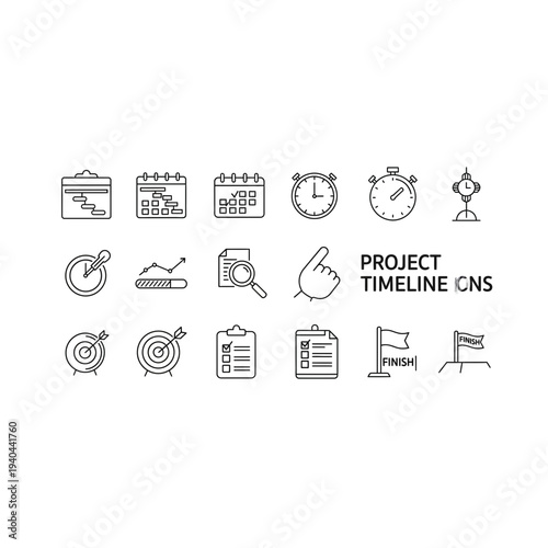 Black and white project timeline icons set with various symbols