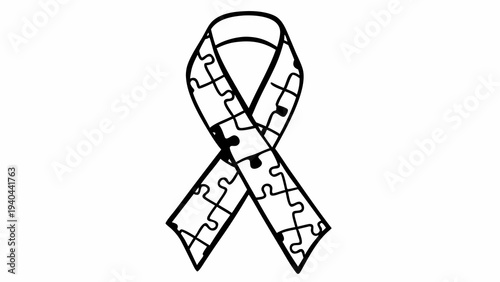 Black line art illustration of a puzzle piece ribbon for autism spectrum disorder awareness