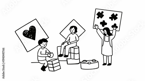 Three creative individuals collaborate together to solve problems using building blocks and puzzle pieces