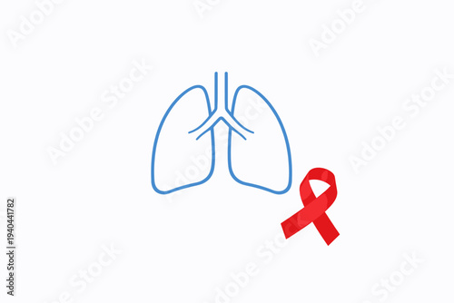 Vector graphic combining human lungs and a red awareness ribbon, an emblem for crucial health causes, respiratory well-being, and solidarity in medical advocacy