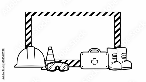A black and white line drawing of safety equipment arranged beneath a construction warning frame