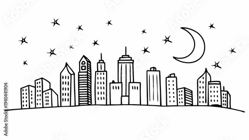 Hand drawn sketch of a big city skyline at nighttime with skyscrapers under a crescent moon