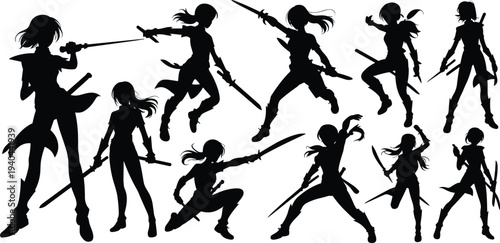 Female warrior fighter silhouette set with sword combat poses action heroine character icons for fantasy game anime and adventure design