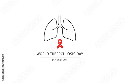 Minimalist line art illustration featuring human lungs with a prominent red awareness ribbon, symbolizing World Tuberculosis Day and promoting global public health education