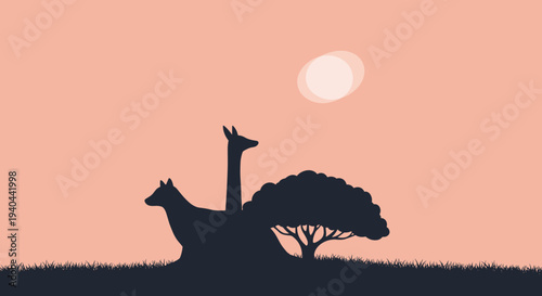 Two Deer Standing Near Tree Silhouette.