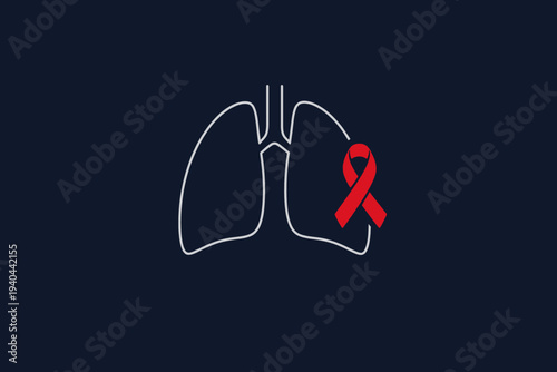 Minimalist outline illustration of human lungs, featuring a vibrant red awareness ribbon prominently placed to symbolize respiratory health support, disease prevention, and global medical solidarity