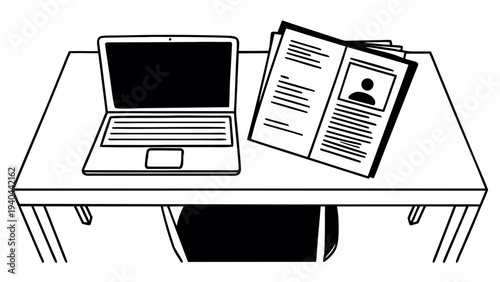 Monochromatic line drawing depicting an office workspace setup with a laptop and job application resume