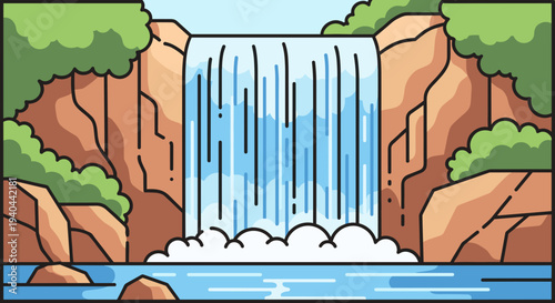 Waterfall Flowing Down Rocky Cliff.