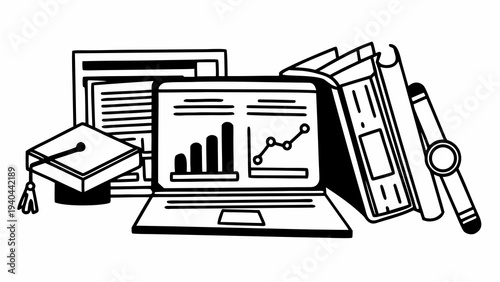 An illustration of academic tools including a laptop with data charts books and a graduation cap