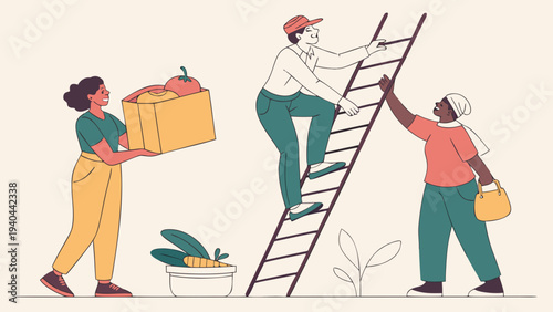 Three people work together in a collaborative effort to support each other