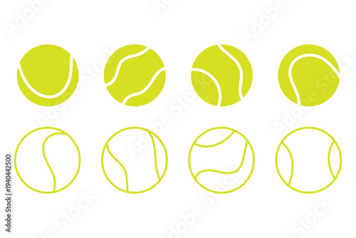 Collection of vector tennis ball icons in simple and clean style. Perfect for sports websites, print materials, infographics, and mobile apps. Available in transparent PNG and editable vector formats.