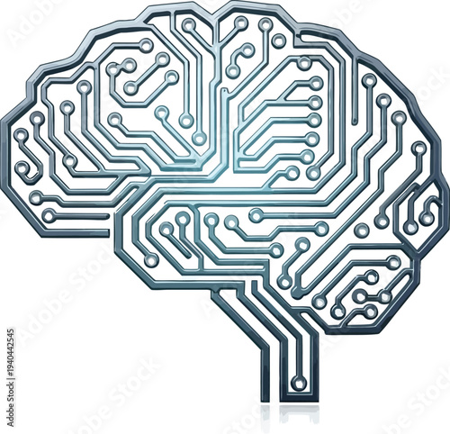 A futuristic illustration of a brain made of electronic circuits on a white background