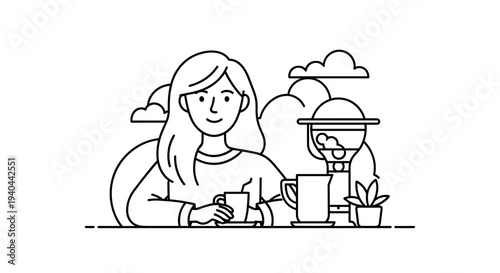 Woman Drinking Coffee at Table.
