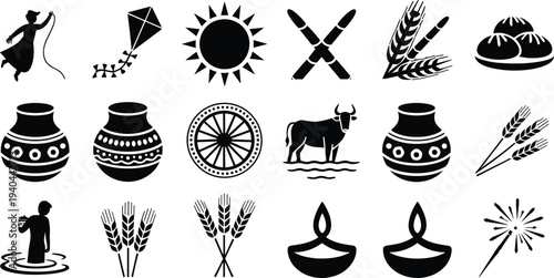 Makar Sankranti festival icon set with kite sun wheat diya pot bull and traditional Indian harvest celebration symbols
