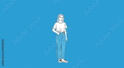 Woman Standing Against Blue Background.