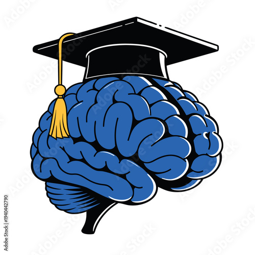 brain illustration wearing a graduation cap, education and knowledge concept,