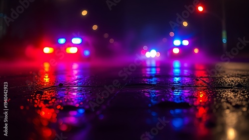 siren. Glowing red and blue emergency lights reflect on wet pavement, creating a dramatic nighttime atmosphere. mobility guides, transit brochures, designed for transport & logistics marketing.