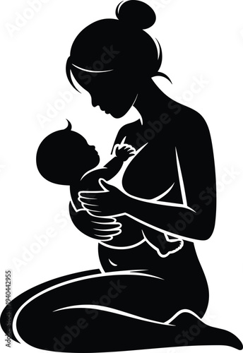 Mother breastfeeding baby silhouette, maternal care and newborn feeding vector illustration isolated on white background for parenting, motherhood and healthcare design