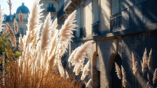 Field of tall grass with a building in the background. The grass is dry and brown, and the building is tall and grey