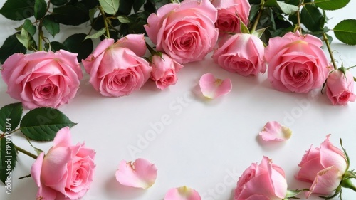 Bouquet of pink roses with a white background. The roses are arranged in a circle, with some of them overlapping each other. The arrangement gives off a romantic and elegant vibe