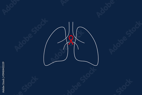 Illustration of human lungs anatomy with highlighted trachea on dark blue background from a front view