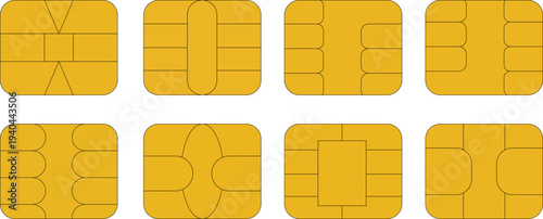 A collection of eight golden smart cards with varied chip layouts against white background high quality professional detailed modern elegant stylish