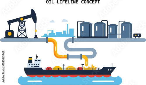 Industrial illustration showing oil extraction and refining process