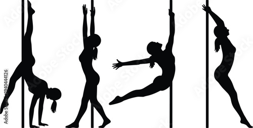Pole dance fitness silhouettes collection featuring female dancer poses on pole, sport workout vector illustration isolated on white background design