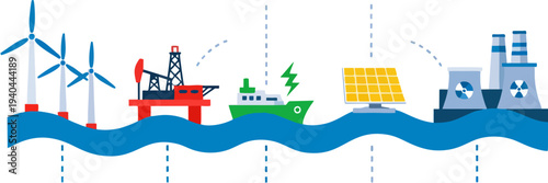 Diverse energy sources and power plants across ocean waves