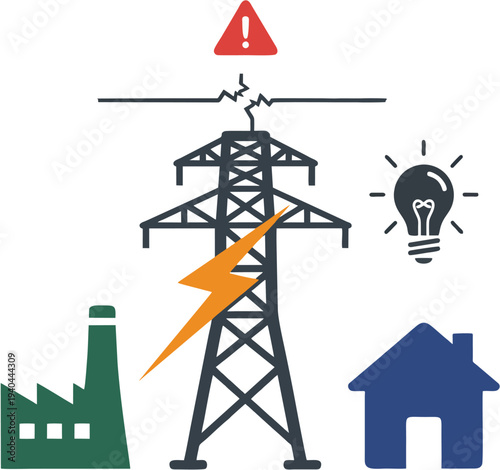 High voltage pylon symbol connecting factory and residential house
