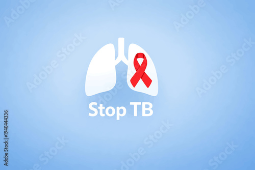 Illustration of lungs with red ribbon symbolizing awareness against tuberculosis on blue background