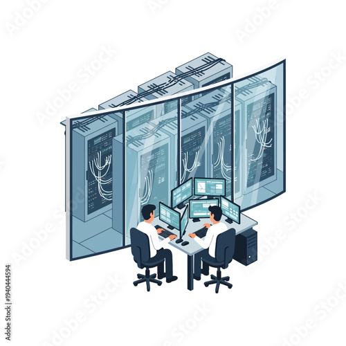 Two IT professionals working in a server room.