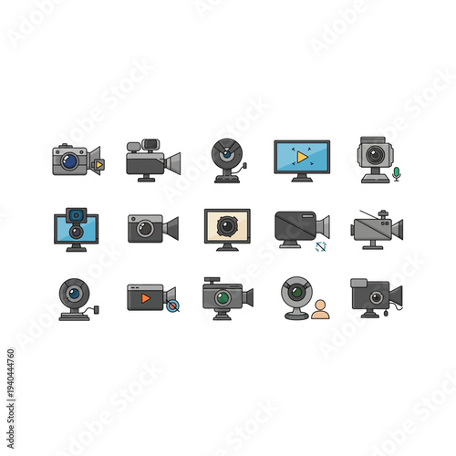 Collection of various camera and video recording device icons in gray and blue hues