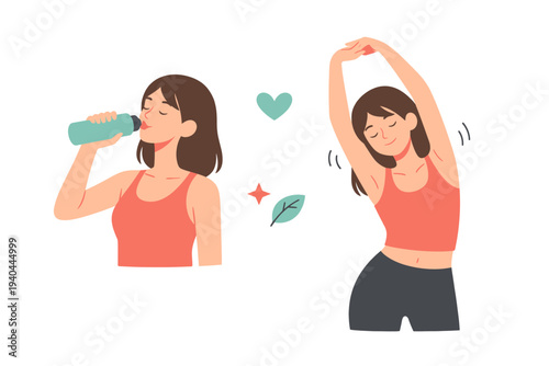A young woman hydrates and stretches during a workout routine outdoors under a clear sky from a frontal viewpoint.