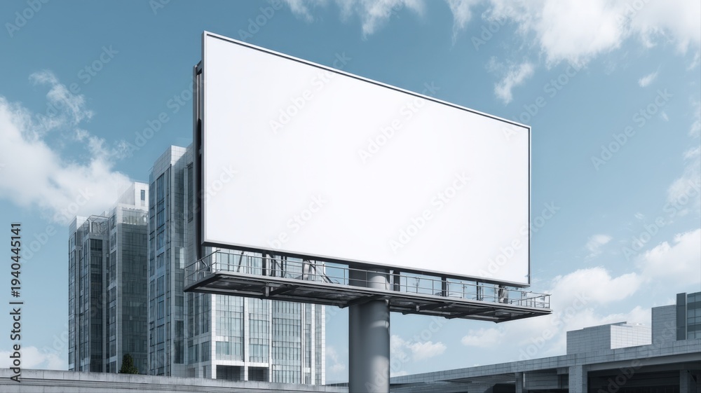 Fototapeta premium Blank Billboard Mockup Against Blue Sky and Urban Buildings for Advertising and Marketing Campaigns