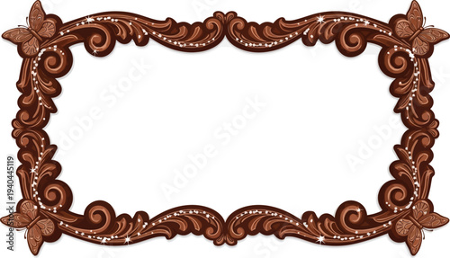 An intricately carved brown wooden frame with floral patterns on a white background