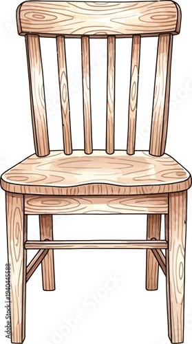 A simple wooden chair with a slatted backrest and four legs on a white background