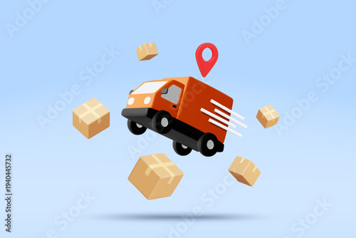 3D vector illustration of fast orange delivery truck with red location pin and flying brown boxes on blue background. Concept for online shopping fast shipping logistics transport banner template.