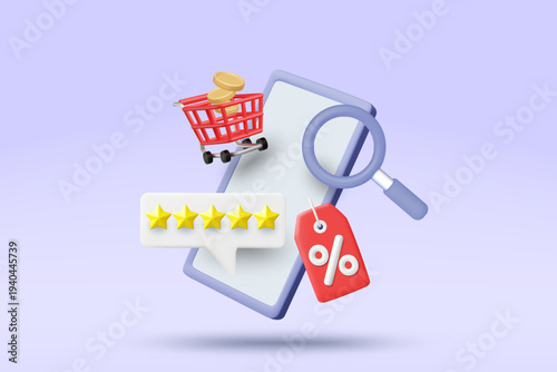 3D vector illustration of smartphone screen with red shopping cart gold coins magnifying glass five stars review and red discount tag. Concept for online shopping ecommerce search banner template.