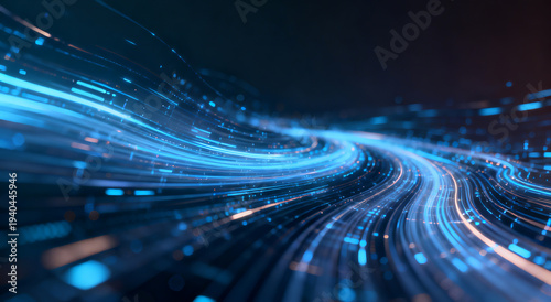 Blue light stream in dark tunnel, digital highway, cool cyan tones