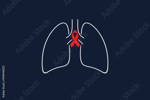 A red ribbon symbolizing awareness is centered between outlined lungs on a dark blue background from a straightforward viewpoint