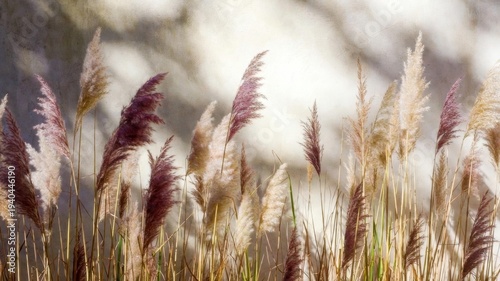 Field of tall grasses with a few brown and yellow flowers. The grasses are swaying in the wind, creating a sense of movement and life. The image evokes a feeling of tranquility and peacefulness